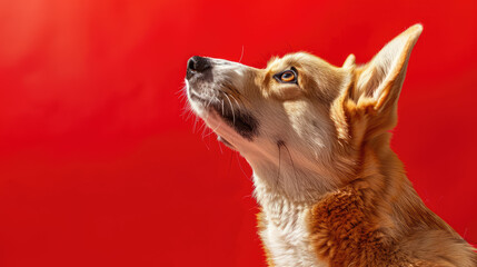 A yellow corgi dog with its head raised, the background is red, with light and shadow, studio style