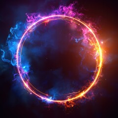 Obraz premium Abstract neon circles glowing fiery dark background, with vibrant digital colors and striking energy dominant concept of abstract, technology, art.
