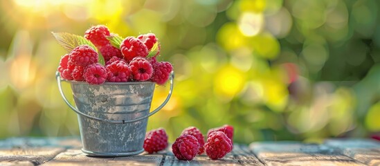 Copy space available for ripe, red raspberries in a small bucket on an outdoor table.