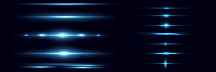 Red horizontal lens flares pack. Laser beams, horizontal light flares. Glowing streaks on dark background. Luminous abstract sparkling lined background.