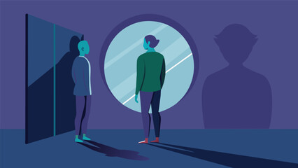 A person standing in front of a mirror their reflection a shadowy distorted version of themselves. As they begin ketamine therapy the reflection.