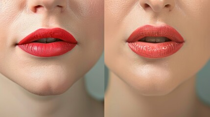 Fototapeta premium Woman's lips before and after lip filler injections, lip augmentation concept - cosmetic procedure transformation, beauty enhancement - vector illustration