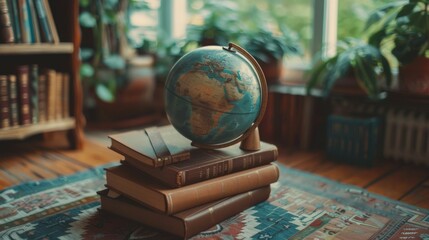 Learning Journey A stack of educational books and a globe, encouraging curiosity and exploration of the world