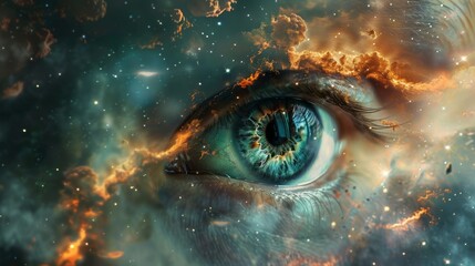 Vivid open eye in space, cosmic vision concept illustration with celestial colors, galactic mystery and infinite exploration, astronomical artwork for design projects, surreal universe background