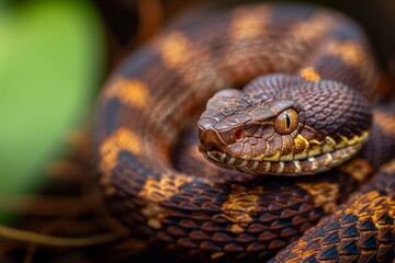 Fototapeta premium An incredible close-up image of the snake, the bright color of the scales. Viper and eel season concept