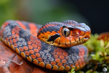 Fototapeta premium An incredible close-up image of the snake, the bright color of the scales. Viper and eel season concept