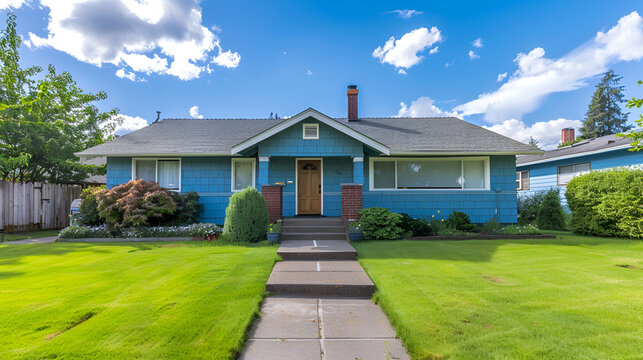 House exterior in light blue. View of front yard and entrance porch with lawn,A perfect neighbourhood. Houses in suburb at Summer in the north Luxury houses with nice landscape,House exterior
