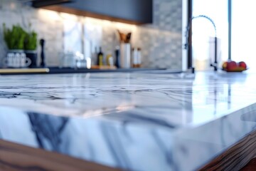 Close up photo of contemporary kitchen island with marble table top with kitchen blurry loose focal background - generative ai