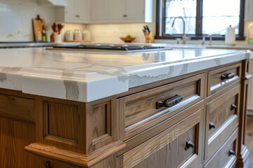 Close up photo of contemporary kitchen island with marble table top with kitchen blurry loose focal background - generative ai