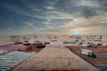 A dusk of sand dune at the desert camp in Mhamid el Ghizlane Morocco wide shot