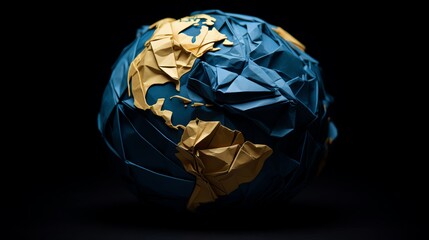 A detailed origami representation of Earth placed on a solid dark blue background highlighting the intricate folding technique used