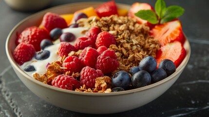 A bowl of fresh fruit and granola, representing a nutritious and energizing start to the day