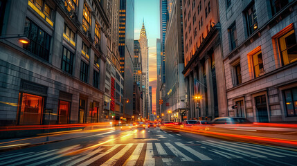 Fototapeta premium Financial District of Major City at Dawn, Long Exposure, High Dynamic Range, Stunning Cityscape with Skyscrapers and Vibrant Sunrise