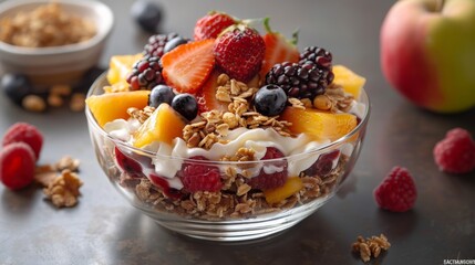 A bowl of fresh fruit and yogurt parfait, representing a nutritious and energizing start to the day