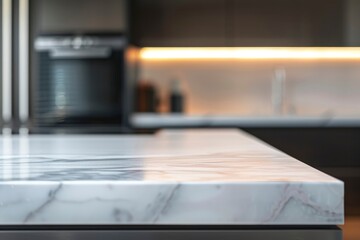 Close up photo of contemporary kitchen island with marble table top with kitchen blurry loose focal background - generative ai