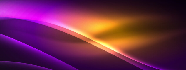 A vibrant blend of electric blue and magenta on a purple and orange background, resembling a glowing wave over the horizon