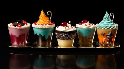 Artistic cupcakes designed to look like festive cake slices complete with holiday drink themes and edible decorations displayed against a solid silver background for New Years Eve parties