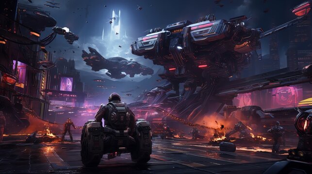Fototapeta Actionpacked video game scene featuring futuristic characters and vehicles showcased on a solid black background to highlight intense gameplay