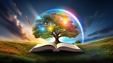 Enchanting 3D scene of a book on a grassy field with pages transforming into a lush tree and a rainbow illuminating the background ideal for motivational or selfhelp book covers