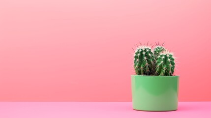 Minimalist cactus with vibrant green tones against a solid pastel pink background providing a modern and clean aesthetic with copy space