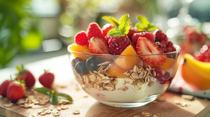 A bowl of fresh fruit and yogurt parfait, representing a nutritious and energizing start to the day