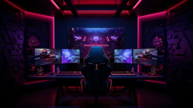 Dynamic gaming setup with multiple monitors displaying highresolution video game graphics set against a solid dark background with vibrant LED lights