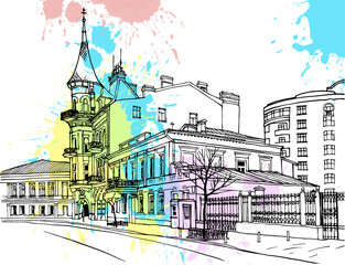 Nice cityscape of the old Kiev, Ukraine. Urban landscape in hand drawn sketch style. Ink line sketch. Vector illustration on colorful blobs. Postcard style. Urban sketch. Without people.