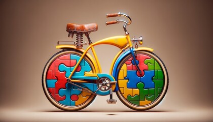 A colorful puzzle-themed bicycle with square wheels, placed against a neutral background.