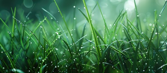 A close-up view of dew-covered thick grass in the early morning. - obrazy, fototapety, plakaty