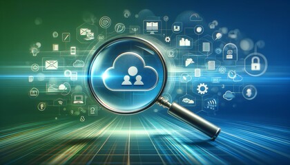 A magnifying glass hovering over a series of icons representing cloud-based collaboration tools like shared documents and virtual meetings .