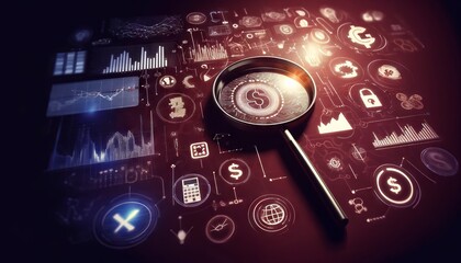 A magnifying glass moving over a series of financial icons like currency signs, graphs, and calculators, set against a rich burgundy background.