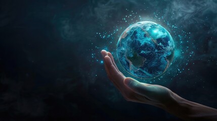 A businessman's hand displays a holographic globe against a dark blue backdrop, symbolizing global connectivity and digital transformation