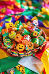 Basket of colorful candy for sale in a mexican market. Cinco de mayo.
