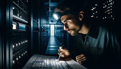 A technician with a headlamp in a dim server room, carefully following a complex wiring blueprint to troubleshoot a connection issue.