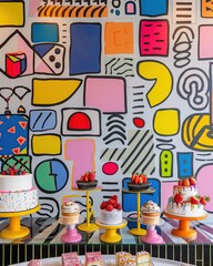 Cupcakes with different colors and abstract patterns on the table.