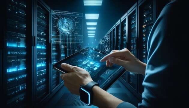 A focused worker using a digital tablet to run diagnostics on server hardware, with a futuristic holographic display of the server's status floating a.