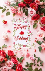 Roses and the words: Happy Wedding, on a pink background, Happy Wedding blessing card, Happy Wedding greeting card, roses and wedding invitation card