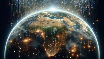 A close-up depiction of a portion of the Earth focusing on the continent of Africa with digital rain falling from above.