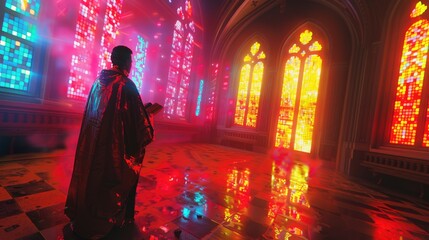 The dark knight is standing in a cathedral, looking up at the stained glass windows. The light shining through the windows is creating a beautiful pattern on the floor.