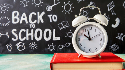 Back to school concept with alarm clock on book and chalkboard background