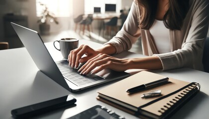 A close-up of a woman's hands typing on a laptop in a well-lit office, with a cup of coffee and a planner beside her. - Powered by Adobe