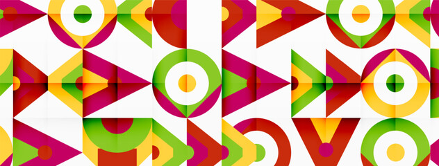 A vibrant display of magenta triangles and circles creating a symmetrical pattern against a white background. This colorful artwork showcases the creativity and beauty of geometric shapes and tints