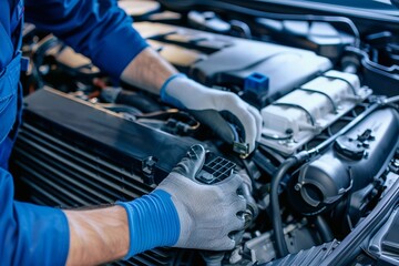 Obraz premium Technician is inspecting engine system, car radiator and engine cooling system.