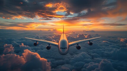 the cargo plane navigating through international airspace, with cockpit crew against the backdrop of natural atmospheric phenomena like clouds or sunsets