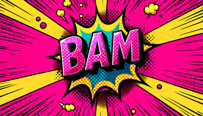 Fototapeta premium A vibrant bubble gum pink pop art comic book background with the word 'BAM'