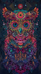 Psychedelic owl poster with intricate patterns, moody hues, and mystical aura
