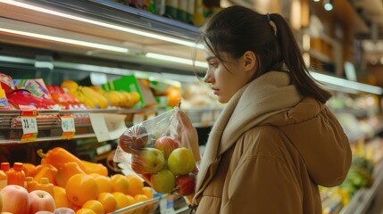 young woman in supermarket choosing fruits Generative Ai