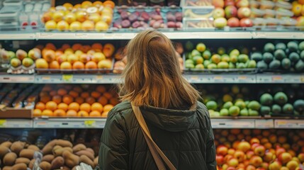 young woman in supermarket choosing fruits Generative Ai