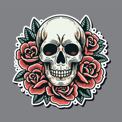 Old school traditional tattoo inspired cool graphic design illustration skull with roses and flames on black background..