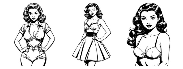 Obraz premium Black and white illustration. Fictional female character in the Pin Up style. Generated by Ai